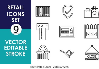 The image features a set of nine retail-themed vector icons with editable strokes. Icons include a barcode, shield, shopping bag, card reader, ID card, shelf, basket, cart, and a "CLOSE" sign