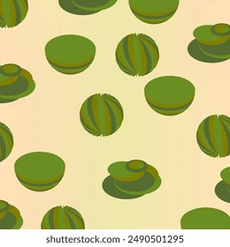 The image features several green objects on a yellow background. The objects appear to be spheres with ridges, possibly watermelons or cantaloupes. Some are cut in half, revealing their interiors. 