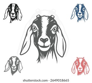 A imagem mostra várias ilustrações estilizadas de cabeça de cabra em preto, cinza, azul e vermelho, sobre um pano de fundo branco limpo.