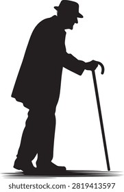 The image features a silhouette of an elderly individual leaning on a cane, walking with a slightly stooped posture. The person is dressed in a long coat and hat, suggesting a cool or cold environment. The simplicity of the silhouette emphasizes the figure’s form and movement, evoking a sense of solitude and contemplation.