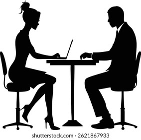 Image features silhouetted figures of an attractive woman and a man seated at a table. The woman, dressed in business attire, types on her laptop, while the man is seated and appears attentive.