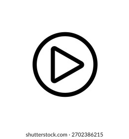 The image features a simple, black outline of a play button icon on a white background. A thick circle contains a triangular play symbol pointing right.