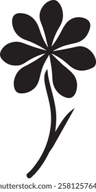 The image features a simple, black silhouette of a flower with seven rounded petals and a curved stem. The design is minimalist, with no additional details or shading, making it ideal for use as a ste