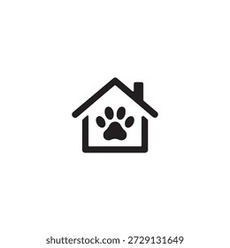 La Imagen presenta un ícono simple en blanco y negro de una casa con una huella prominente de pata en el centro. La casa tiene un techo triangular y una chimenea en el lado derecho, lo que indica un ambiente acogedor y acogedor. La huella de la pata simboliza la presencia de mascotas, lo que sugiere que la casa es amigable con las mascotas.