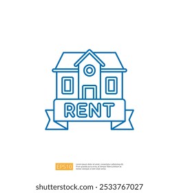 A imagem mostra um simples contorno azul de uma casa com uma faixa que diz "RENT", simbolizando propriedades alugadas ou imóveis para arrendamento.