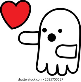 The image features a simple, cartoon-style ghost outlined in black with a rounded body and wavy bottom edges. The ghost has two small black dots for eyes and a larger black circle for its mouth.