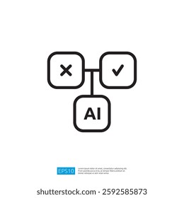 The image features a simple flowchart-like design with X and checkmark symbols connected to an AI label, representing decision-making or evaluation in artificial intelligence.