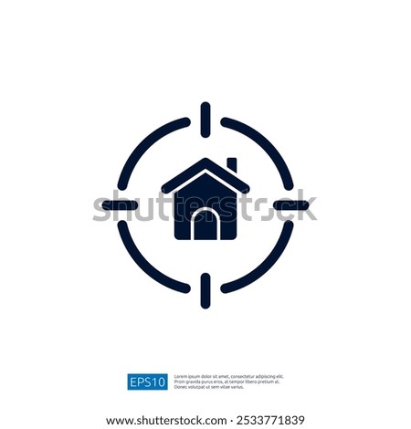 The image features a simple icon of a house enclosed within a target symbol, suggesting the concept of home location or real estate focus.