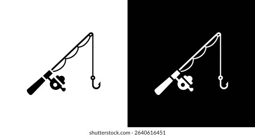 The image features simple icons of a fishing rod on split black and white backgrounds. Both icons depict a rod, line, reel and hook in contrasting colors.