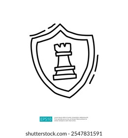 The image features a simple line drawing of a shield with a chess rook symbol, representing strategy and defense in a graphic style.