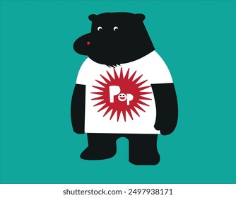 La Imagen presenta un diseño de carácter simple y estilizado de una figura de oso negro. El oso lleva una camiseta blanca con un gráfico rojo en la parte delantera. Dentro del gráfico de ráfaga está la palabra "Pop