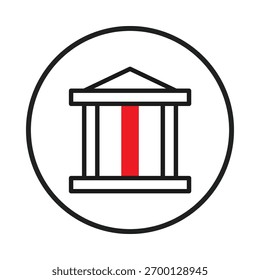 Uma imagem apresenta uma representação arquitetônica simplificada dentro de um quadro circular. O design incorpora linhas fortes para representar uma fachada de edifício, enfatizando sutilmente elementos de