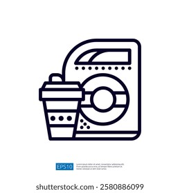 The image features a simplified graphic of a washing machine alongside a coffee cup, symbolizing a blend of household chores and leisure.