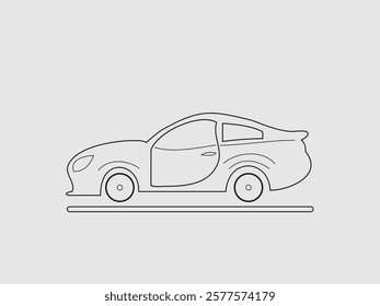 The image features a simplified line art illustration of a coupe car