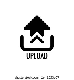 The image features a simplistic, bold, black-and-white design of an UPLOAD icon. The icon has an arrow pointing upwards within a curved container, above the text UPLOAD.