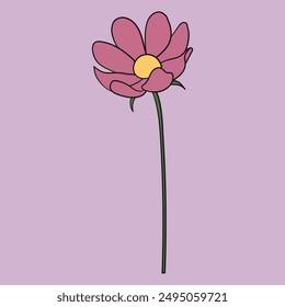 La Imagen cuenta con una sola flor de cosmos rosa con un centro amarillo, sobre un fondo de color púrpura claro. La flor está representada con un largo tallo verde y pétalos simples y elegantes.