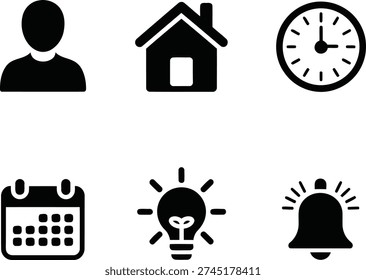 the image features six black icons on a white background including a person a house clock calendar light bulb and bell