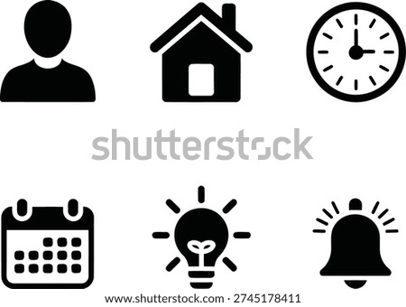 the image features six black icons on a white background including a person a house clock calendar light bulb and bell