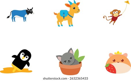 The image features six cartoon animals: a cow, a goat, a monkey, a penguin, a cat, and a hamster