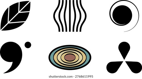 The image features six distinct black-and-white symbols. From left to right, top row: a leaf with veins, vertical parallel lines resembling a flame or hair, and a ring with a filled center. Bottom row: a quotation mark with a dot, an abstract circular layered shape, and a stylized cross with rounded ends resembling a pinwheel or flower.