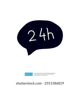 A imagem apresenta um balão de fala com o texto "24h" escrito dentro, sugerindo disponibilidade ou serviço 24 horas por dia.