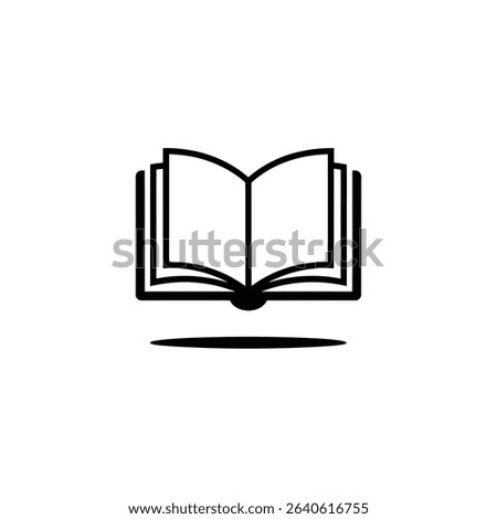 Image features a stark black and white graphic of an open book, showcasing the pages. The icon represents knowledge, reading, education, and learning with a soft shadow.