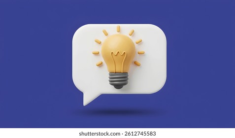 image features a striking 3D illustration of a yellow light bulb inside a speech bubble, set against a rich purple backdrop