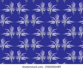 The image features a striking pattern on a deep blue background. The design consists of elegant, stylized floral elements in a light, possibly white shade, creating a beautiful contrast with the backg
