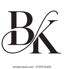 The image features a stylish monogram composed of the letters 'B' and 'K.' The 'B' is designed with a serif font, giving it a classic and sophisticated look. The 'K' is more modern, with a sleek, sans-serif style. The two letters are intertwined in an elegant, flowing manner, creating a cohesive and visually appealing design. The monogram is presented in a bold, black color against a plain background, emphasizing the contrast and making the letters stand out prominently.