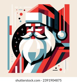 
The image features a stylized, abstract portrayal of a character reminiscent of Santa Claus. The artwork is geometric and modernist, with sharp angles and a limited color palette dominated by red, bl