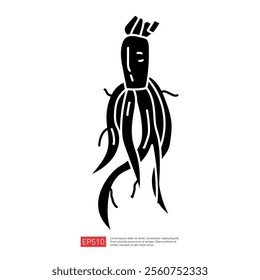 The image features a stylized, abstract representation of a squid, showcasing its body and tentacles in a bold, black silhouette.