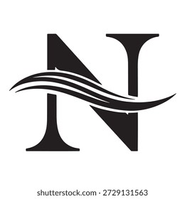 La Imagen presenta una representación estilizada y artística de la letra 'N'. El diseño es monocromático, utilizando colores blanco y negro. La letra 'N' está compuesta de líneas gruesas y negritas con un elemento ondulado y fluido que conecta las partes superior e inferior de la letra. Este elemento fluido añade un toque dinámico y fluido a la letra estática, creando una sensación de movimiento y elegancia.