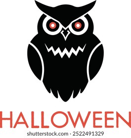 The image features a stylized black owl with red eyes above the word “HALLOWEEN” in orange. The design is spooky and perfect for Halloween-themed decorations or promotions