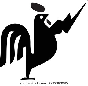 A imagem apresenta um galo preto estilizado com uma forma de raio proeminente emergindo de seu bico. O galo fica em uma perna com as asas ligeiramente espalhadas. O design é minimalista e usa linhas negras em negrito contra um fundo branco.