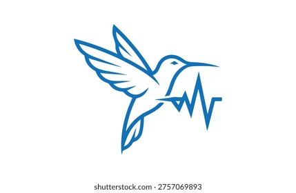 The image features a stylized blue hummingbird in mid-flight, its wings spread wide as it beats with a lively rhythm. Superimposed over its body is a stylized ECG heartbeat line, blending the natural world with a medical symbol. The hummingbird's silhouette is striking against the plain background, emphasizing its dynamic movement and the fusion of life and health concepts.