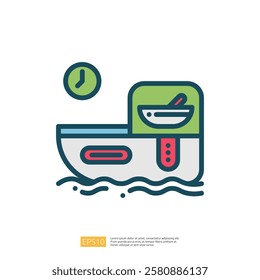 The image features a stylized boat with a bowl on it, accompanied by a clock, suggesting a theme of food preparation or serving on water.