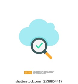 The image features a stylized cloud with a magnifying glass and a checkmark, symbolizing cloud data verification or analysis.