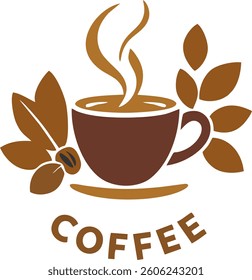 The image features a stylized coffee cup with steam rising from it, designed in warm brown tones. Surrounding the cup are coffee leaves and coffee beans, emphasizing a natural and organic theme.