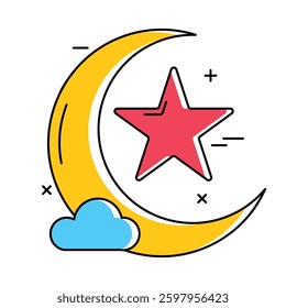 The image features a stylized crescent moon in yellow, a red star, and a small blue cloud in a minimalistic and modern line-art style