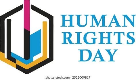 The image features a stylized geometric logo alongside the text "Human Rights Day" in bold blue letters. The design combines abstract shapes in black, pink, blue, and yellow.