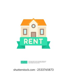 The image features a stylized house with an orange roof and a "RENT" banner beneath it, conveying a message related to rental properties or housing.