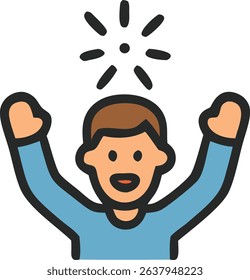 The image features a stylized illustration of a person with raised arms