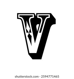 The image features a stylized letter V. Designed with bold lines and geometric shapes.