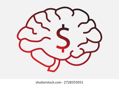 Das Bild zeigt eine stilisierte Liniengrafik eines menschlichen Gehirns, das von der Seite betrachtet wird (Profil). Im Zentrum des Gehirns befindet sich ein markantes Dollarzeichen ($).