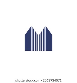 The image features a stylized logo design that combines the shapes of two houses and a series of vertical lines. The two house-shaped structures face each other