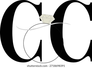 La Imagen presenta un diseño de logotipo estilizado que consta de dos Grandes letras negras en negrita "G" y "C" colocadas una al lado de la otra. Entre las letras, hay un contorno simple y elegante de un anillo de diamantes, con el diamante prominentemente colocado en el centro superior. La banda del anillo cruza las letras, creando una composición cohesiva y equilibrada. El diseño general sugiere temas de lujo, elegancia, joyería o posiblemente una marca relacionada con anillos de compromiso o bodas