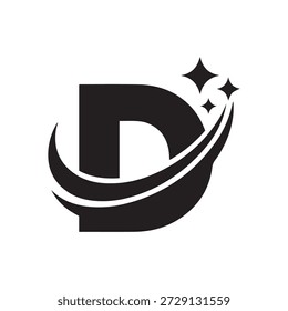 La Imagen presenta un logotipo estilizado con la letra 'D' prominentemente mostrada. La 'D' está llena de un color negro sólido y está ligeramente inclinada hacia la derecha, dándole una sensación dinámica. En la parte superior derecha de la 'D', hay tres Pequeñas estrellas negras alineadas en una línea diagonal, añadiendo un toque de capricho y movimiento. La parte inferior de la 'D' se extiende en una forma curva, ondulada que se extiende hacia arriba, mejorando la sensación de movimiento y fluidez.
