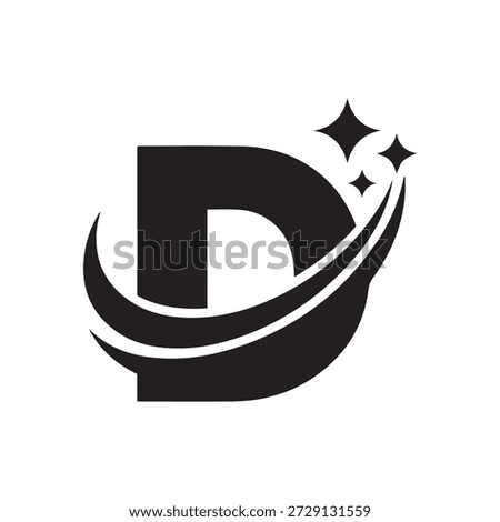 The image features a stylized logo with the letter 'D' prominently displayed. The 'D' is filled with a solid black color and is slightly tilted to the right, giving it a dynamic feel. At the top right of the 'D,' there are three small black stars aligned in a diagonal line, adding a touch of whimsy and movement. The bottom part of the 'D' extends into a curved, wave-like shape that sweeps upwards, enhancing the sense of motion and fluidity.
