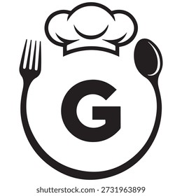 Das Bild zeigt ein stilisiertes Logo für ein Restaurant mit dem Namen "Gourmet Delights". Das Logo zeigt in der Mitte einen großen Buchstaben "G", der von einer plattenförmigen Form umgeben ist. Über dem "G" steht ein Küchenchef, der kulinarische Kompetenz und Professionalität symbolisiert. Links vom "G" befindet sich eine Gabel und rechts ein Löffel, der sowohl Essen als auch Essen darstellt. Das Design ist schlicht und dennoch elegant und vermittelt ein Gefühl von gehobener Küche und Gourmetküche.