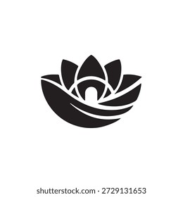 La Imagen presenta una estilizada flor de loto representada en blanco y negro. La flor de loto es un símbolo prominente en varias culturas, a menudo representa la pureza, la iluminación y el crecimiento espiritual. El diseño es minimalista, con líneas audaces y limpias y un marcado contraste entre las áreas en blanco y negro. Los pétalos están dispuestos en un patrón simétrico, irradiando desde el centro, que está ligeramente abierto, agregando profundidad a la Imagen. La composición general es equilibrada y armoniosa, evocando una sensación de tranquilidad y paz.